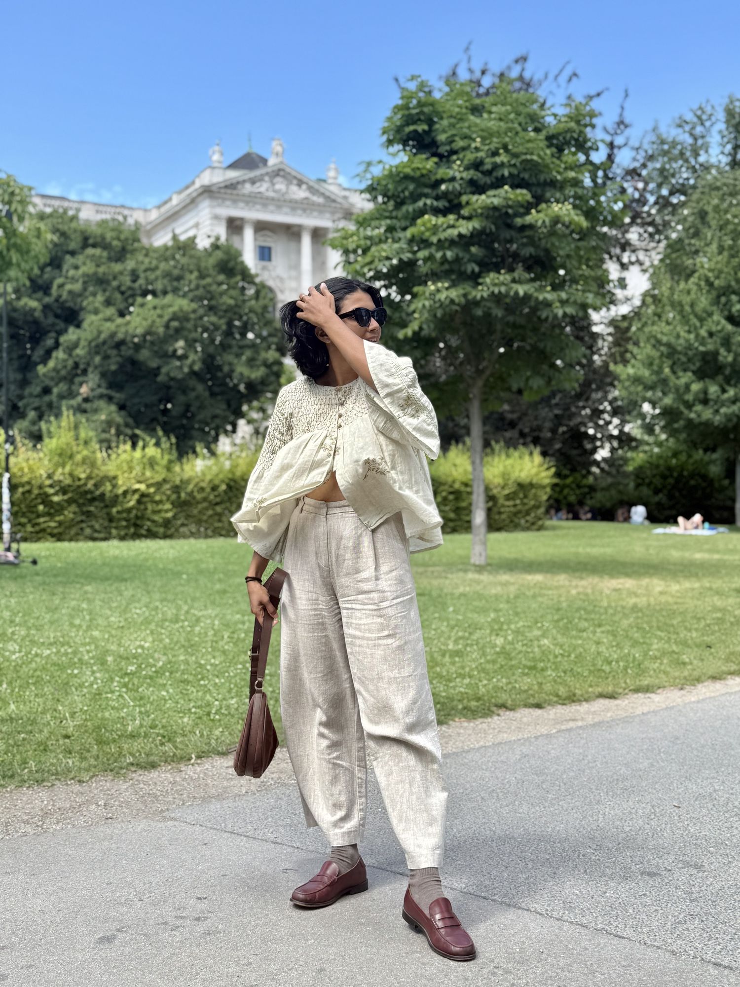 Smocked ivory top, wide linen trousers