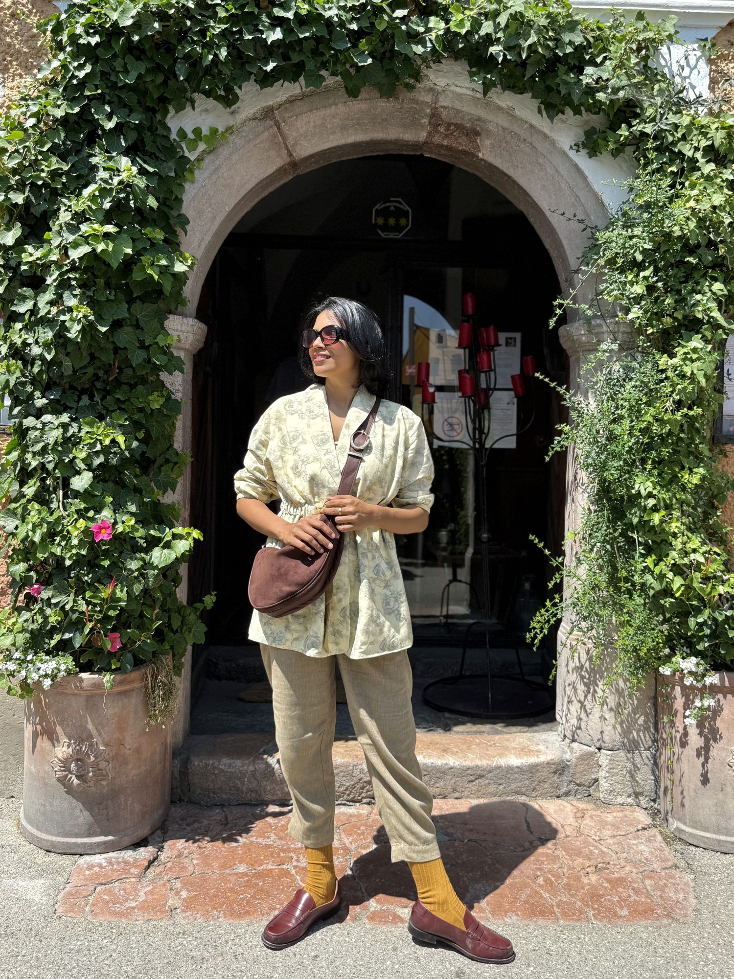 Toile jacket, mustard socks, loafers