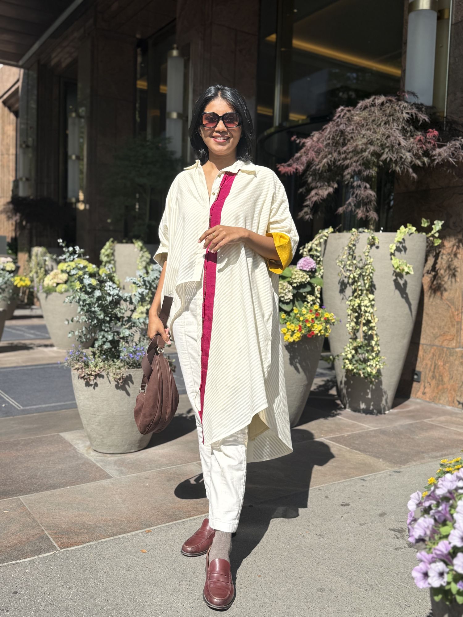 Pinstripe kurta with magenta placket